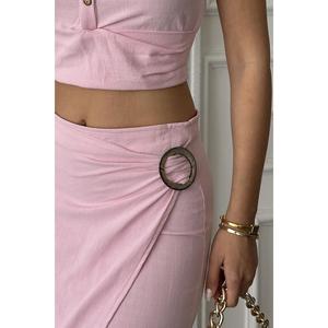 Elegant <b>Powder</b> Pink Linen Shirt And Skirt Set For Women Short Sleeve Breathable <b>Style</b> - Product Image 2