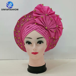 Gele nigérian Aso Oke uni, foulard africain auto-attachable très populaire avec pierres et perles - Product Image 4