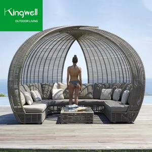 سرير نهاري مستدير من الراتان البلاستيكي من البولي إيثيلين في جميع الأحوال الجوية للحديقة في الهواء الطلق خوص للتشمس المتسكع لحمام السباحة والفندق يستخدم مواد معدنية متينة - Product Image 2