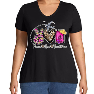 Prêt à expédier paix amour vacances DTF plastisol transfert de chaleur 95% coton noir col en v mode femmes vêtements t-shirt - Product Image 6