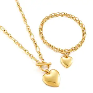 Heart Toggle Clasp Chain Necklace Bracelet 18k Gold Plated Stainless Steel Jewelry Sets For Women