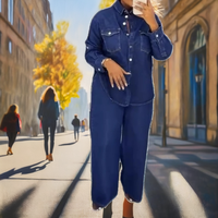 Ensemble 2 pièces décontracté en jean non tissé pour femme, chemise à manches longues avec poches et pantalon droit coupe classique, bleu coton, automne