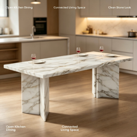 Table à manger ronde en marbre blanc de luxe pour appartement. Pieds de table géométriques modernes pour 8 personnes, aucun assemblage requis