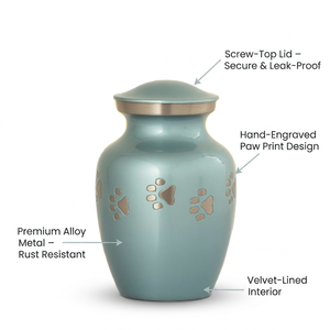 Pet Cremation <b>Urn</b> with Paw Prints Design Teal Color Small Size for Dogs <b>Cats</b> - Product Image 3