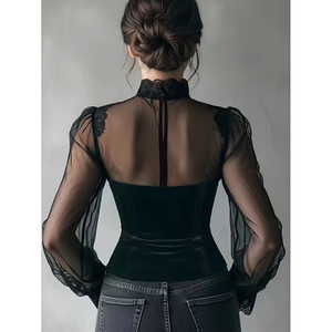 Getailleerde damestop met mesh, holle hoornmouwen, elegant, stijlvol, voor lente en herfst, grensoverschrijdend kledingstuk - Product Image 2