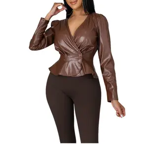 Spring autumn designer coat flocked leather coat long sleeve v-neck button fashion PU women leather jacket elegant pretty