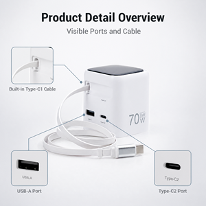 <span class=keywords><strong>Chargeur</strong></span> <span class=keywords><strong>rapide</strong></span> USB-C PD 65 Watts avec câble rétractable, prise US, charge <span class=keywords><strong>rapide</strong></span>, ignifuge, type C - Product Image 1