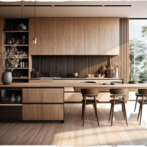 Isola <span class=keywords><strong>Cucina</strong></span> Modulare Senza Maniglie in Legno Massello Stile Japandi con Tavolo da Pranzo per Ristrutturazione Casa - Product Image 1