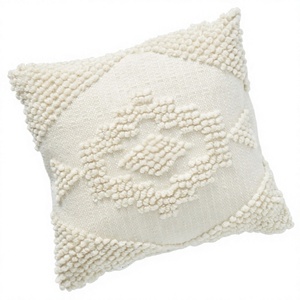 Bohemian Tufted Wool <b>Throw</b> Pillow Square Geometric Embroidery Design <b>Cream</b> Decorative Cushion Cover Non-Toxic Removable Washable - Product Image 1