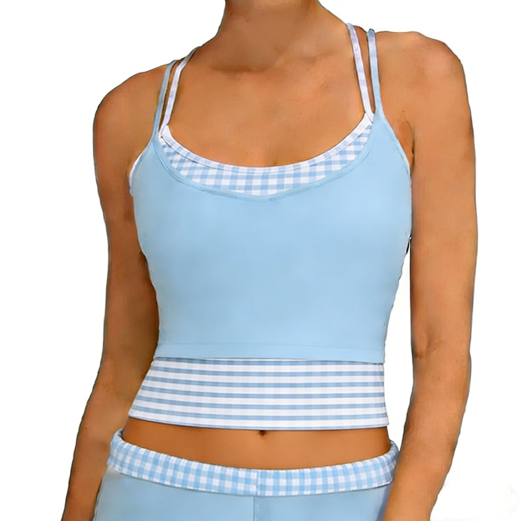 Custom Grid Pattern 2 in 1 Contrasting Colors Sports Outfit Workout Breathable Women Yoga tank Top 1pc Leisurewear