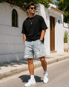 DiZNEW Pantaloncini in denim da uomo personalizzati <span class=keywords><strong>con</strong></span> strass, lavaggio acido, modello baggy, <span class=keywords><strong>con</strong></span> diamanti, strappati, stile rapper, streetwear, OEM - Product Image 3