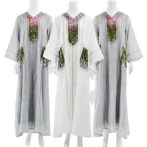 china kaftan factory white gray color long close style V neck decoration with glitter tulle muslim women kaftan