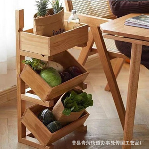 Solid Wood Floor <b>Standing</b> Storage Rack 3 Tier Kitchen Fruit <b>Vegetable</b> Basket Multi Layer Durable Storage Organizer - Product Image 4