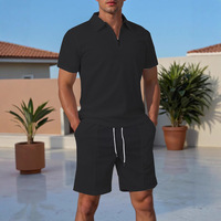 Ensemble polo et short en maille gaufrée pour homme, chemise à manches courtes avec demi-zip et short assorti, tenue décontractée d'été pour les vacances, ensemble 2 pièces