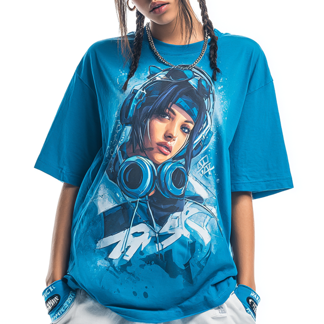 Oversized Futuristic Cyberpunk Graphic Digital-Print Crew Neck Drop Shoulder Short Sleeve Breathable Blue T Shirt for Women
