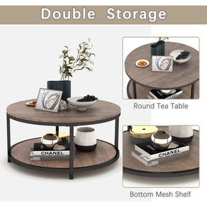 طاولة قهوة خشبية دائرية دائرية من خشب الجوز بتصميم حديث مع رف تخزين ومستقر - Product Image 4