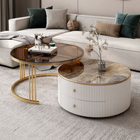 Table Basse Ronde Télescopique en Pierre Frittée Style Nordique Moderne avec Rangement pour Petits Espaces de Salon
