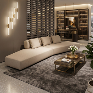 Modern Curved Modular in Natural Cotton-Linen Fabric, Large Upholstered Modular <b>Sofa</b>, Living Room - Product Image 3