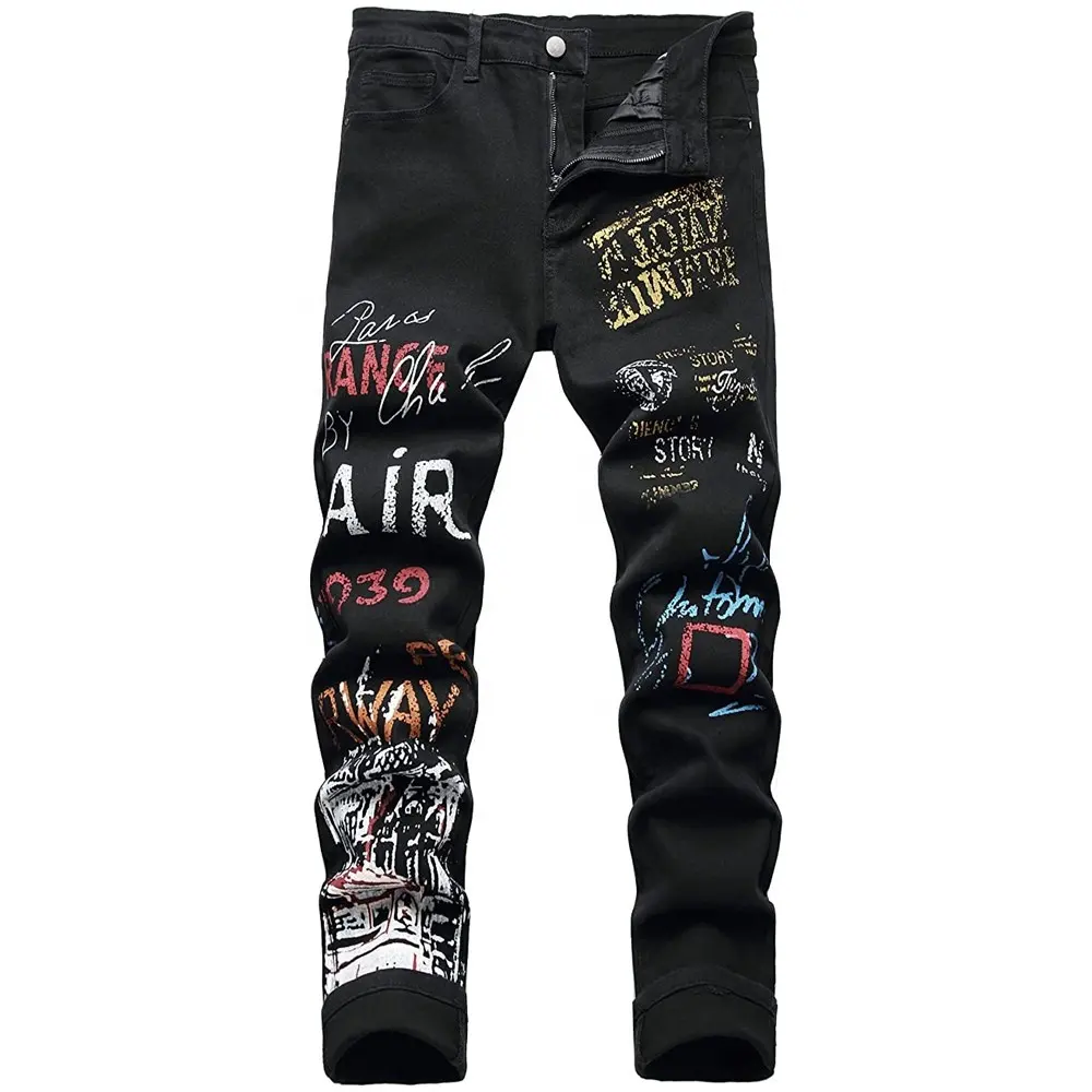 punk streetwear hip hop jeans custom Stain Gradient zipper pockets skinny jeans stacked jeans men