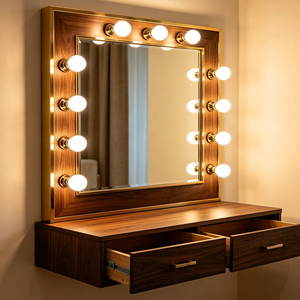 Coiffeuse murale flottante pour chambre à coucher avec miroir LED et panneau MDF, avec tiroirs - Vente en gros - Product Image 3