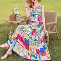 Nouvelle Robe Longue d'Été Grande Taille à Imprimé Floral 3D, Coupe Ample Sans Manches avec Col et Taille Décontractée