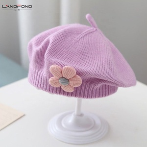 Landfond accesorio otoño e invierno Bebé niñas lindo flor boinas gorra de punto sombrero de pintor - Product Image 5