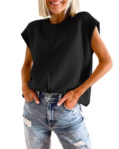 Summer New Girl's Hollowed Out Knitted Vest Striped Round Neck Sleeveless Ladies Solid Color Sweater Top - Product Image 5
