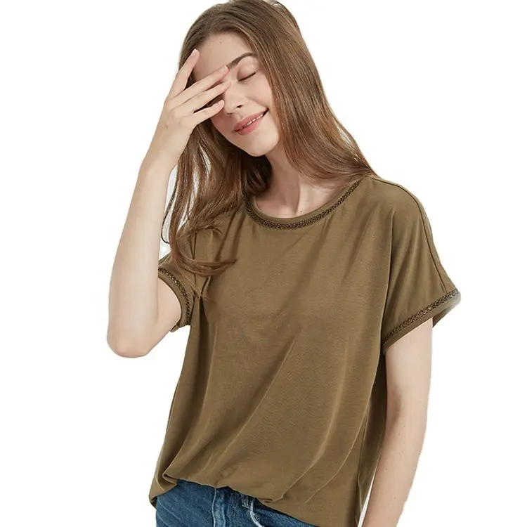 RUYI-camisetas cómodas de cuello redondo para mujer, ropa de manga corta tejida Lisa teñida, informal, Modal, de verano, 1000