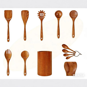 Acacia Wood Kitchenware Set 10 Pc Solid Wood Spatula Ladle Strainer Cooking Tools Heat Resistant Hand Wash Only - Product Image 2