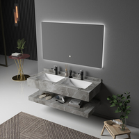 Set kamar mandi cermin mandi LED dapat diatur lapisan ganda Modern mewah batu batu papan tulis set kamar mandi lemari wastafel lampu pintar
