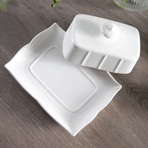 Softly-curved Raised Rim Ceramic Butter Dishes White Lid Unique Cover 7.5 Inch Gloss White Color Porcelain Butter Plate