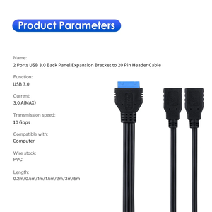 2 Ports USB 3.0 Type a Female to 20 Pin Motherboard <b>Adapter</b> Cable Cord 3A Fast <b>Charging</b> Computer Braided Shielding PVC Jacket - Product Image 2