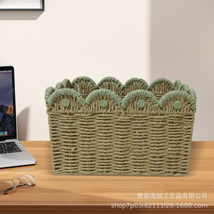 Woven <b>Storage</b> <b>Basket</b> Rectangle Khaki With Black Trim Handmade For Snacks Fruits Bathroom Laundry - Product Image 2