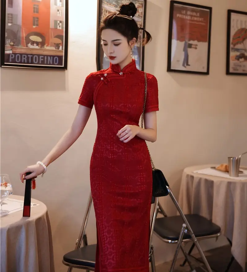 Elegant High-end Sexy Red Qipao Chinese Traditional Clothing 3XL Plus Size Chinese Vintage Cheongsam Dresses