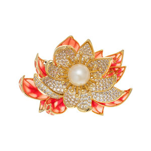 Chinese Style Lotus Brooch Enamel Freshwater Pearl Women's Wedding Fine Brooch - Product Image 5