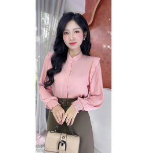 Camisa de manga larga ecológica para mujer con detalles de volantes plisados, top casual de oficina de color liso, manga raglán, nueve cuartos. - Product Image 5