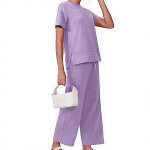 Women's 2 Piece Casual <b>Set</b> Purple Knitted Short Sleeve Top Wide Leg Pants Loose Fit Solid Color Spring Summer Outfit Tracksuits - Product Image 3
