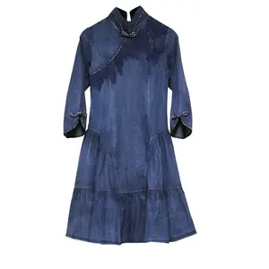 Lente Nieuwe Stijl Gesp Cheongsam Denim Rok Korte Rok Retro Vrouwen Ruches Trim Denim Jurk Dames