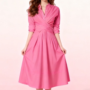 เดรสลำลองแขนยาวสีพื้นผูกเอวทรงเข้ารูปคอปกสำหรับฤดูร้อนแฟชั่น - Product Image 2