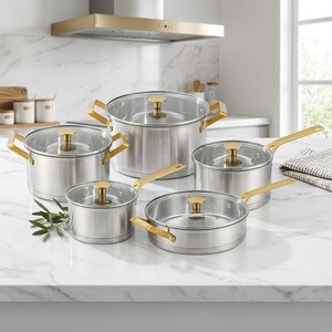 Batterie de cuisine 10 pièces en acier inoxydable, compatible <span class=keywords><strong>induction</strong></span>, avec couvercles en verre, fond brasé, casseroles légères – Approvisionnement direct usine - Product Image 5
