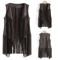 Veste ethnique sans manches en Faux daim pour femmes, longue frange glands Cardigan Vintage cowboy gilet gilet