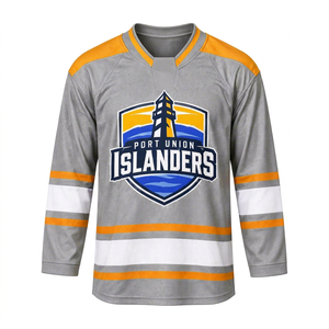 Maillot de hockey sur glace gris clair sublimé avec rayures argentées et dorées, écusson, uniforme d'équipe, performance, séchage rapide, polyester, vêtements de sport - Product Image 1