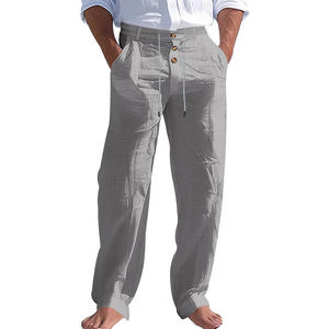 Pantalones de Lino y Algodón para Hombre, Estilo Americano, Cintura Elástica, Transpirables, de Pierna Recta, Color Sólido, para Playa, Verano - Product Image 3