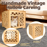 Vintage Geschnitztes Hohles Würfel-Katzenhaus, Handgefertigter Massivholz-Innenkatzenunterstand, Natürliche Holzfarbe für Kleine Katzen und Kätzchen