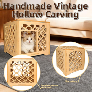 Maison pour chat en bois massif sculpté à la main, style vintage, creuse et en forme de cube, abri intérieur pour chatons et petits chats, couleur bois naturel - Product Image 4