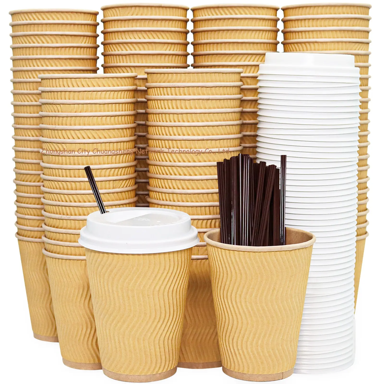 Unbleached 12oz Insulated Corrugated Double Wall Disposable Hot Beverage Coffee With Lid Straw Stirrer Kraft Paper Cup