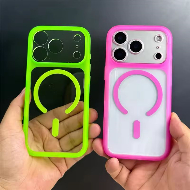 Original Neon Color Transparent Magnetic Case for iPhone 17 17Pro 16 16Pro 15Pro Max 14Pro Touch Camera Button Hard Cover