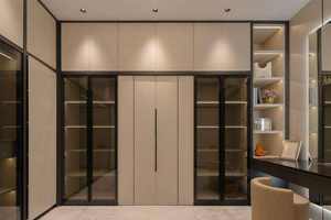 ตู้เก็บของห้องนอนทันสมัยพร้อมไฟ LED หรูหรา สำหรับตกแต่งภายในบ้านอย่างมีระดับ และตู้เสื้อผ้าสีเบจพร้อมแผงกระจกด้านกลาง - Product Image 3