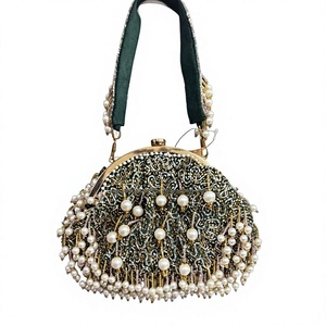 Vintage Beaded Mesh Evening <b>Bag</b> with <b>Pearl</b> Decoration and Green Satin Strap - Product Image 1