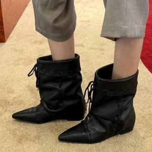 Femmes Automne Hiver Court Western Cowboy Bottes Pointed Toe Edition-Niche Plissé Large Tube Hauteur Intérieure Nouveau Design Bottes - Product Image 2